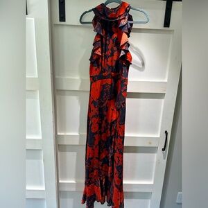 Navy Floral Print Frill Detail Wrap Maxi Dress